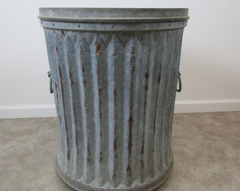 Large vintage rivited industrial trash can galvanized metal oscar the grouch style steampunk