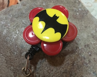 Name badge reel nurse badge recycled medication caps badge holder BATMAN red yellow