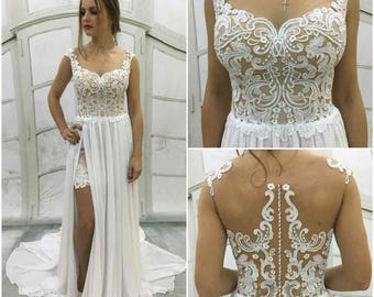 Boho Vintage Inspired Wedding Dress with Lace Corset,chiffon skirt with front slit ,beach wedding dress, Lace Back with Buttons,Train, Belt