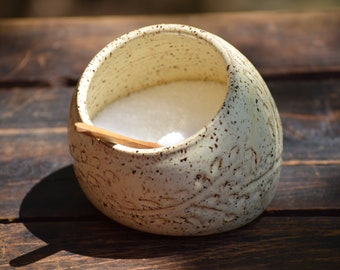 stoneware salt pig / salt cellar with wooden spoon