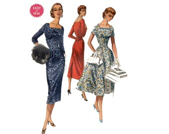 1950s Dress Pattern Square Neckline Raglan Sleeves Slim or Full Skirt Contour Belt Day Dress McCalls 3462 Bust 32 Vintage Sewing Pattern