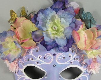 Fairy Flower Crown in Lavender and White, Leather Masquerade Mask, OOAK