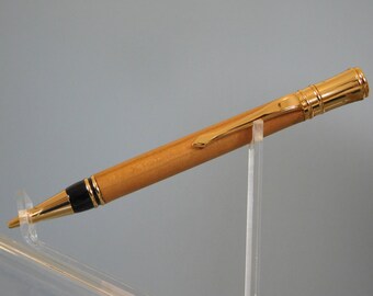 Twist Pencil - Hand made turned wood - light brown natural finish wooden barrel - gold & black finish metal hardware - .5 mm lead refillable