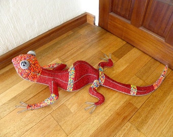 African Beaded Wire LIZARD LARGE - Red & Multicolor