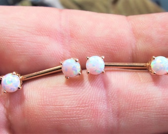Rose Gold Plated White Opals(5mm) Nipple Piercing Barbels Set(price for 2) 14g..12mm