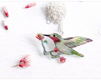 bird chain, calliope hummingbird, ooak, red-reen, bird jewellery