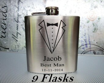 Set of 9 Groomsmen Gift Flask with Tuxedo Design, Best Man, Father of Bride, Father of the Groom, Usher, Master of Ceremonies, Groom