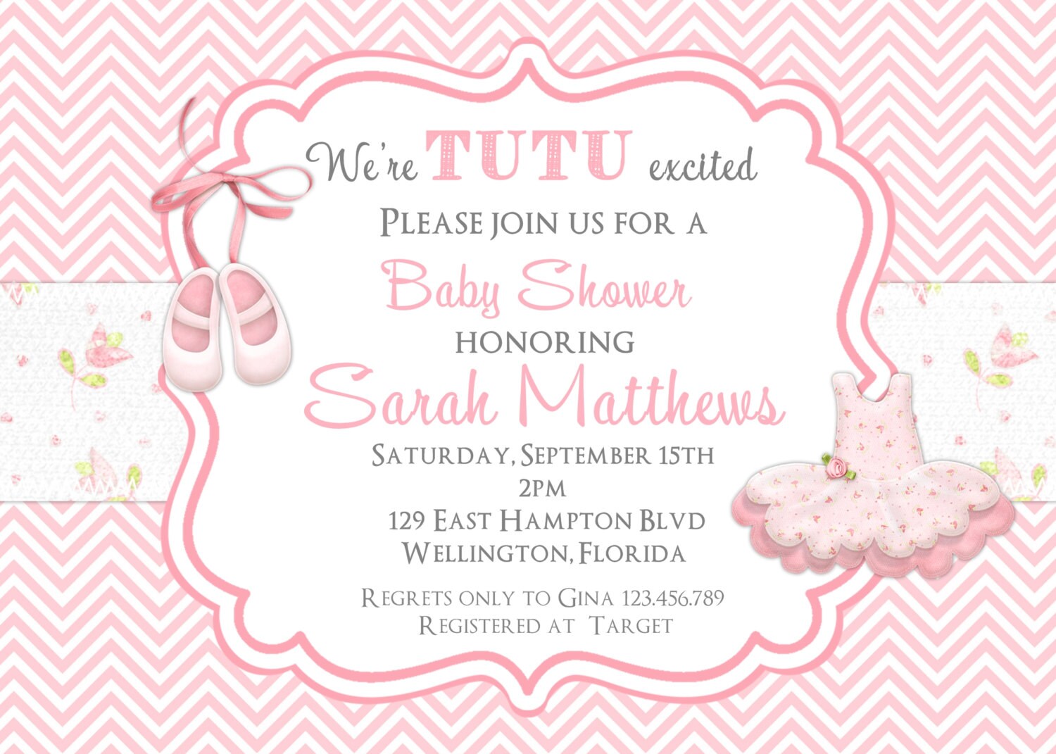 Tutu Cute Baby Shower Invitation Ballerina Pink Chevron