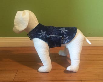 Fleece Dog Coat, Extra Small Navy Blue & White Snowflake Print Fleece with Ice Blue Fleece Lining