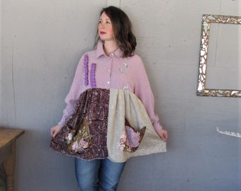 upcycled tunic dress Bohemian Gypsy recycled clothing pink shirt fun clothes 2 X 3 X Boho sustainable clothing reclaimed LillieNoraDryGoods