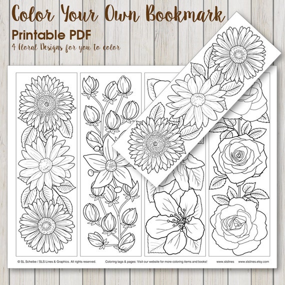 Download downloadable PDF bookmark coloring with flower design