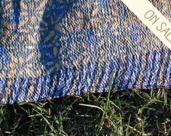RIVER - blue heavy KANTHA quilt RUG / twin boho bedding bedspread / embroidered saree picnic blanket / India silk border