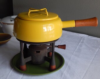 Dansk Kobenstyle Yellow Enamel Fondue Pot Set France IHQ Jens Quistgaard Cast Iron Teak Burner Base Green Metal Tray