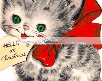 Printable Instant Download - Vintage Christmas Kitten Card Image - Paper Crafts Scrapbook Altered Art - Vintage Cute Cat Kitty Christmas Art