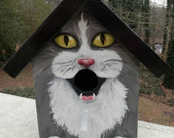 Bird House Hand Painted Custom Gray Tuxedo Cat Design Wood Outdoor