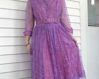 50s Purple Lace Dress Party Full Skirt Vintage M 29 Waist