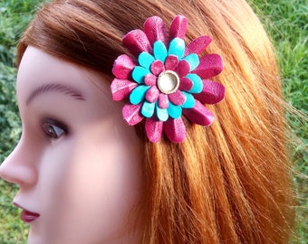Pink daisy Leather hair clip and brooch, pink flower, turquoise leather accessory, leather flower clip