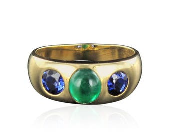 Bague Saphirs Emeraude Or jaune 18K Moderne