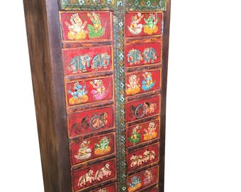 Vintage Indian Rustic Antique Hand painted Ganesha Bohemian Cabinet Armoire Traditional Indian boho Country Chic Doors