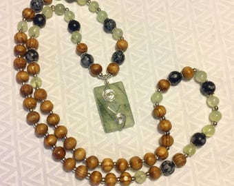 Wire Wrapped Prehnite and Snowflake Obsidian Beaded Necklace