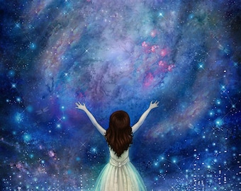 Reach For The Stars print | 8X10 | star painting, empowerment art, night sky painting, feminist, inner strength | by Meluseena