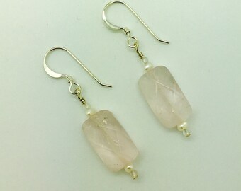 Rose Quartz & Freshwater Pearl Sterling Silver Earrings #AVEN1857