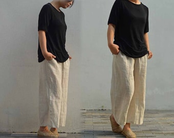 498---Loose Fitting Washed Linen Cropped Wide Leg Pants, Flax Linen Trousers, Ankle Length Culotte, Gaucho Pants, Crop Pants.