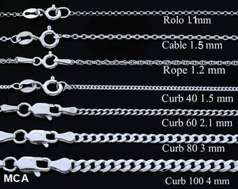 Sterling silver chain Necklace, Mens chain, Curb/cuban, Rope, Cable, Rolo chain,Choose Silver chain for Mens, kids chain, Silver Women chain