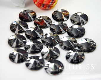 18mm Round SUPER DARK Black Diamond, 18 x Sew On Crystals flatback