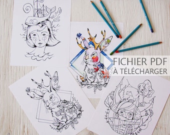 INSTANT DOWNLOAD! PDF File! Coloring page, set of three illustrations to be colored by illustrator Kim Durocher, Jackalope, Gaïa, sea lover.