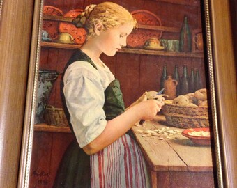 Vintage turner wall art girl peeling potatoes