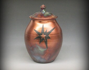 Raku Urn or Lidded Vase with Star Design in Metallic Copper