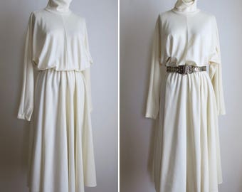 vintage cream flared dress S/M ~ 80s dolman sleeve dress