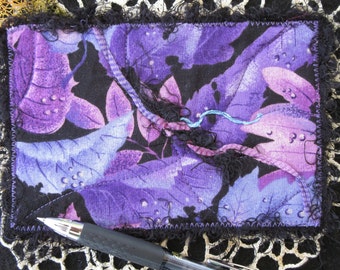 Purple Leaves Fabric Postcard, Quilted Postcard, Fall Handmade Card, Mini Art Quilt, Leaf Lover's Gift Idea, 6 inches by 4 inches