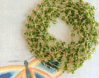 Peridot & Gold Bead Chain, Glass Rosary Chain, 3mm, 5Ft