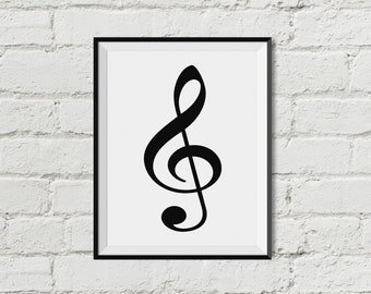 Treble Clef Music Note Printable Wall Art INSTANT DOWNLOAD Black and White
