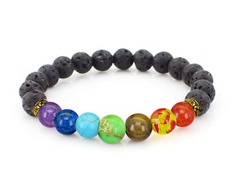 7 Chakra Bracelet - Oil Diffuser Bracelet - Chakra Balancing - Yoga Energy Bracelet - Mala Beads Jewelry - Lava Bracelet
