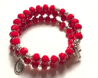 Red Rosary Bracelet Wrap,Rosary Bracelet ,5 Decade Rosary Bracelet