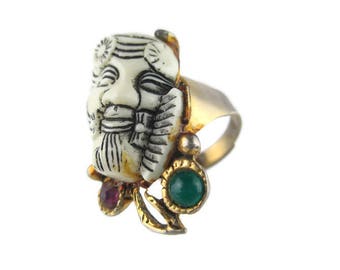 Selro White Devil Ring /Japanese Theater Mask Ring / Okina Noh Mask Ring /Signed Selro White Warrior Gold Tone ring