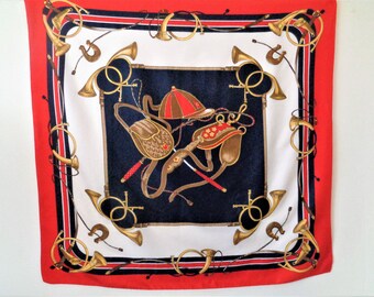 Vintage Italian Scarf, Equestrian Scarf, Horse Scarf, Saddle, Red Blue White Scarf, Horse Lovers Gift, 78cm x 76cm / 31.5" x 30"
