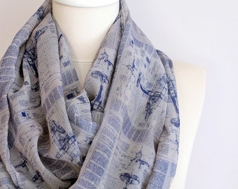 Airplane Scarf Infinity Scarf Blue Print Scarf Circle Scarf Spring Fall Winter Session Scarves Gift Idea For Her Wife Girlfriend Mothers Day