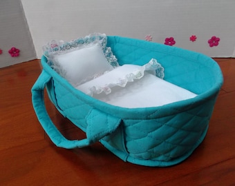 11" Doll Carrier Basket Aqua and White With Baby Pastel Lace Trim Sized for Mini La Newborn Dolls