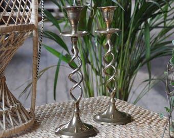 Vintage brass candleholders / candlesticks - spiral brass candlestick, vintage candle holder, candle sticks - boho wedding decor, bohemian