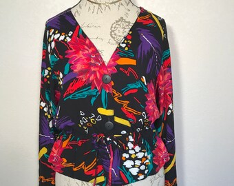 80s Tropical Floral Blouse Vintage Romantic Blouse