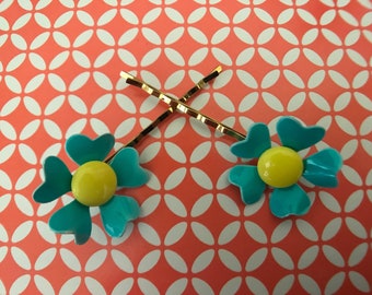 Vintage Hair Pins, Turquoise Enamel Flower, Hair Ornament