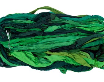 White House Silk Premium Quality Green Sari Silk Ribbon Yarn, Beautiful Handmade Sari Silk Yarn For Gift, Knitting, Crocheting, Weaving,
