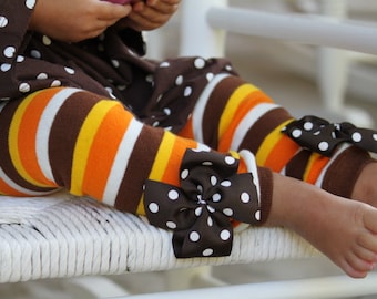 Thanksgiving Leg Warmers -- orange, brown, amber gold striped for baby girls - Choose regular or newborn size