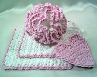 Baby Bath Set 4 Piece - Shower Puff, 2 Bath Cloths, Heart Shape Scrubbie - Hand Crocheted Cotton Yarn White and Pink - Nice Gift Little Girl