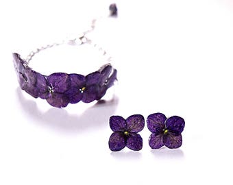 Real flower Purple bracelet, Shabby chic jewelry Unique gift violet flower bangle, Set earrings purple gift jewelry set flower jewelry gift