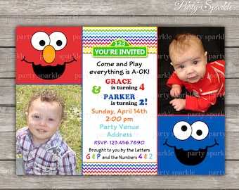 Elmo and Cookie Monster Twins Birthday Invite - Dual Party - Personalized Digital Printable Photo Invitation 4x6 or 5x7 jpg or pdf